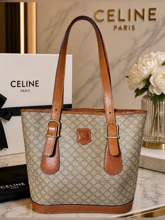 Celine Handbags - GUC Celine Beige Canvas Tote with Tan Leather Trim